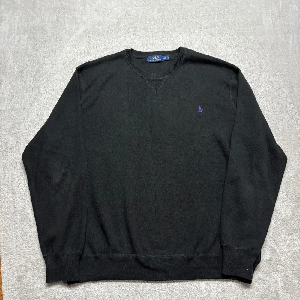 Polo Ralph Lauren Sweater Mens XXL Black Cotton Crewneck‎ Purple Pony Logo